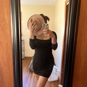 Black Sparkly Square Neck Mini Dress